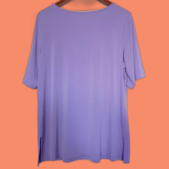 Susan Graver Liquid Knit Lavender PurpleShort Sleeve Blouse L Stretch Mature - Picture 2 of 6